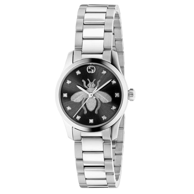 Ladies' Gucci G-Timeless with Bee Iconic Black Diamond Dial Stainless Steel Watch, 27mm YA1265024