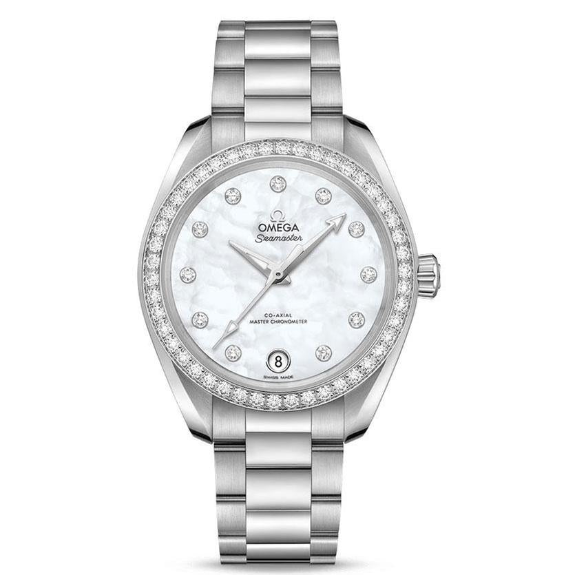Ladies' OMEGA Seamaster Aqua Terra Co-Axial Master Chronometer Chronograph 34mm White Mother-of-Pearl Dial and Diamond Watch O22015342055001