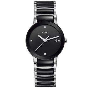 Ladies' Rado Centrix Diamonds Two-Tone Black Ceramic and Stainless Steel Watch R30935712