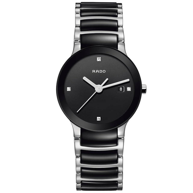 Ladies' Rado Centrix Diamonds Two-Tone Black Ceramic and Stainless Steel Watch R30935712