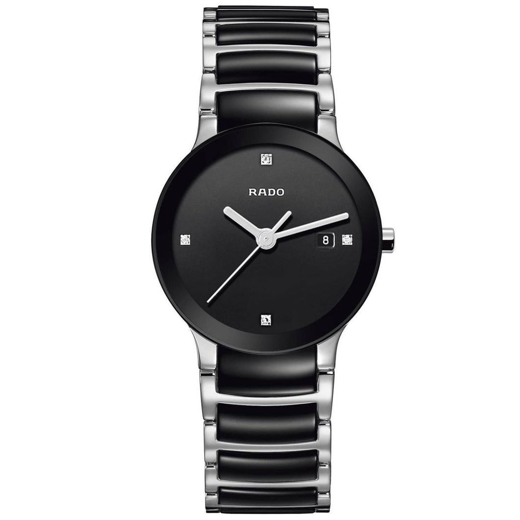 Ladies' Rado Centrix Diamonds Two-Tone Black Ceramic and Stainless Steel Watch R30935712