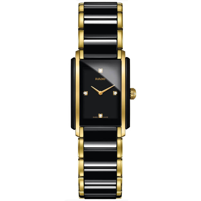 Ladies' Rado Integral Diamonds Rectangular Case Black Ceramic and Gold-Tone Watch R20845712