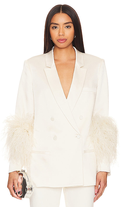 Lapointe Doubleface Satin Broad Shoulder Blazer W Ostrich in Cream