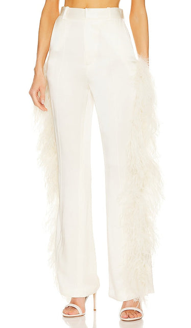 Lapointe Doubleface Satin High Waisted Flare Pant W Ostrich in Cream - Lapointe Pantalon évasé taille haute en satin double face W autruche en crème - Lapointe 双层缎面高腰喇叭裤 W 奶油色鸵鸟皮 - Lapointe Doubleface Satin High Waisted Flare Pant W Strauß in Creme - Lapointe 더블페이스 새틴 하이웨이스트 플레어 팬츠 W 크림색 타조 - Pantaloni svasati a vita alta in raso double face Lapointe con struzzo in crema