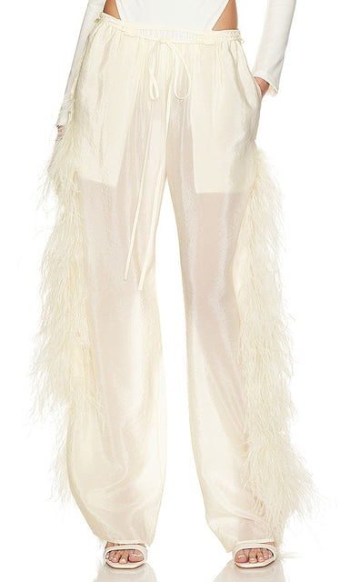 Lapointe Textured Sheer Cupro Drawstring Pant W Ostrich in Cream - Lapointe Pantalon texturé en cupro transparent avec cordon de serrage W autruche en crème - Lapointe 奶油色鸵鸟纹纹理透明铜氨抽绳长裤 - Lapointe Textured Sheer Cupro Kordelzug Hose W Strauß in Creme - Lapointe Textured Sheer Cupro 드로스트링 팬츠 W 크림색 타조 - Pantaloni Lapointe con coulisse in cupro velato testurizzato e struzzo in crema