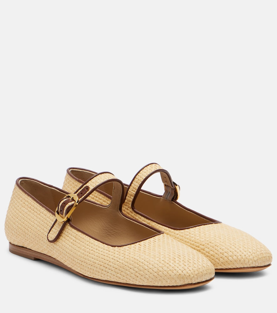 Le Monde Beryl Leather-trimmed raffia Mary Jane flats