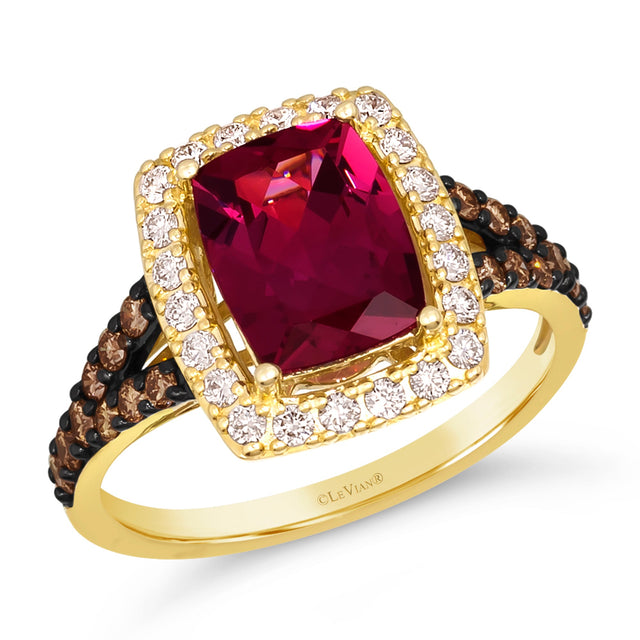 Le Vian(R) Cushion Raspberry Rhodolite(R) 1/2ctw Diamonds and Chocolate Diamonds(R) 14k Honey Gold(tm) Ring