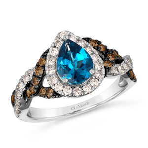 Le Vian(R) Deep Sea Blue Topaz(tm) 5/8ctw Nude Diamonds(tm) and Chocolate Diamonds(R) 14k Vanilla Gold(R) Halo Ring