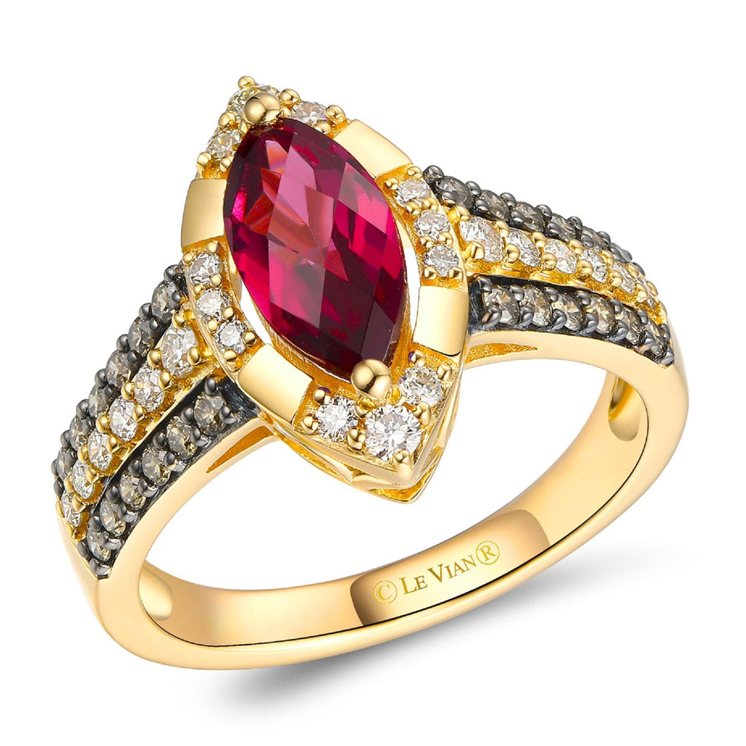 Le Vian(R) Marquise Raspberry Rhodolite(R) 5/8ctw Chocolate Diamonds(R) and Nude Diamonds(tm) 14k Honey Gold(tm) Ring