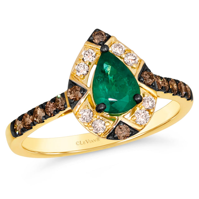 Le Vian(R) Pear Costa Smeralda Emeralds(tm) 3/8ctw Chocolate Diamonds(R) and Nude Diamonds(tm) 14k Honey Gold(tm) Ring