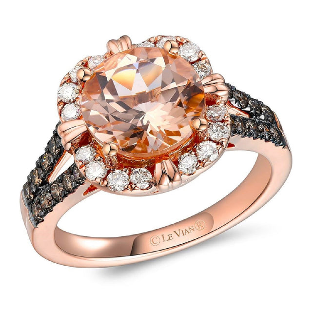 Le Vian(R) Round Peach Morganite(tm) 5/8ctw Chocolate Diamonds(R) and Nude Diamonds(tm) 14k Strawberry Gold(R) Ring