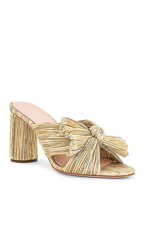 Loeffler Randall Penny High Heel Pleated Knot Slide in Metallic Gold