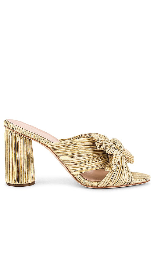 Loeffler Randall Penny High Heel Pleated Knot Slide in Metallic Gold - Loeffler Randall Penny Slide à talon haut avec nœud plissé en or métallisé - Loeffler Randall Penny 高跟褶裥结拖鞋，金属金色 - Loeffler Randall Penny High Heel Plissee-Knoten-Slipper in Metallic-Gold - Loeffler Randall Penny 하이힐 플리츠 매듭 슬라이드 메탈릭 골드 소재 - Loeffler Randall Penny Slide con nodo pieghettato e tacco alto in oro metallizzato