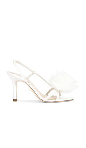 Loeffler Randall Steph Flower Heeled Sandal in White | Cream Open Toe Heels for Women