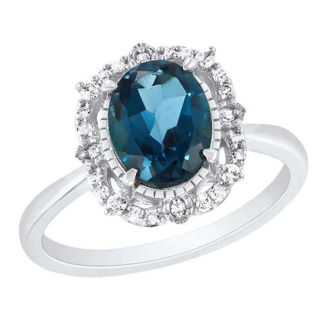 London Blue Topaz and 1/6ctw Diamond White Gold Gemstone Ring - Size 5