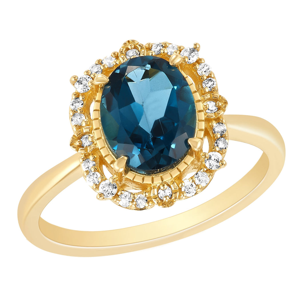 London Blue Topaz and 1/6ctw Diamond Yellow Gold Gemstone Ring - Size 5