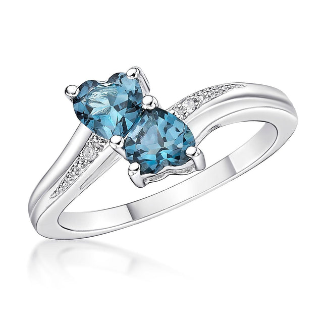 London Blue Topaz and Diamond Accent Double Heart Sterling Silver Ring - Size 5