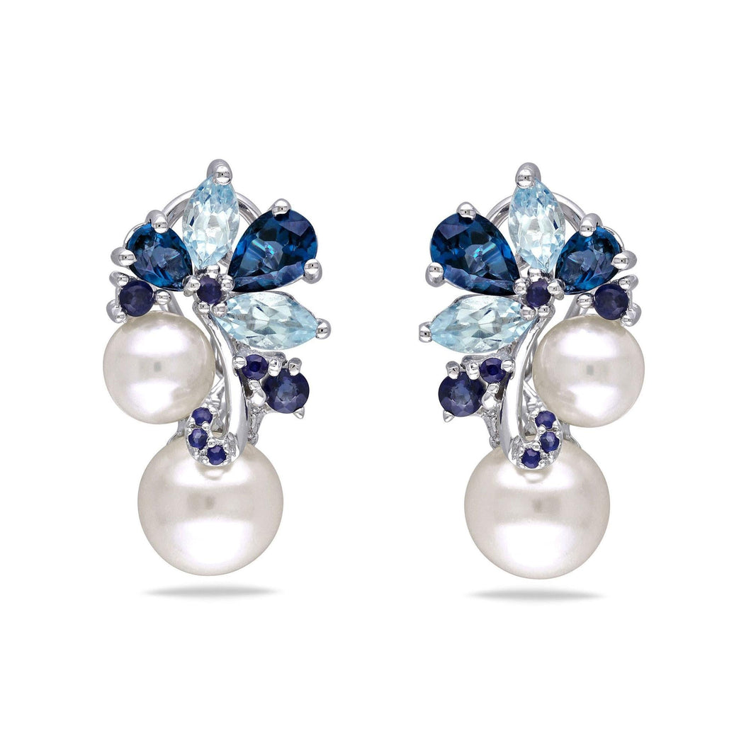 London and Sky Blue Topaz, Sapphire and White Freshwater Cultured Pearl Cluster Earrings