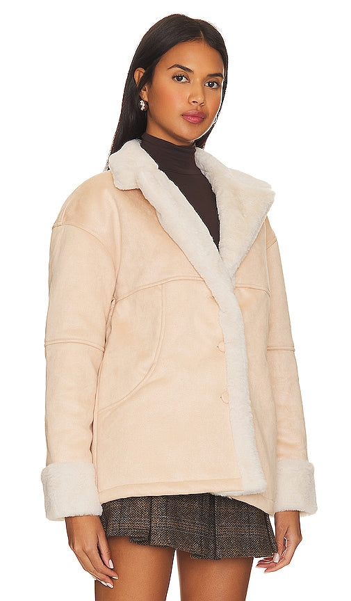 Lovers and Friends Elise Faux Shearling Coat in Nude