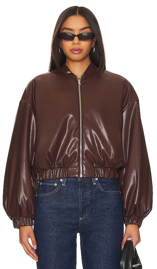 Lovers and Friends x Rachel Ana Faux Leather Bomber Jacket in Brown
