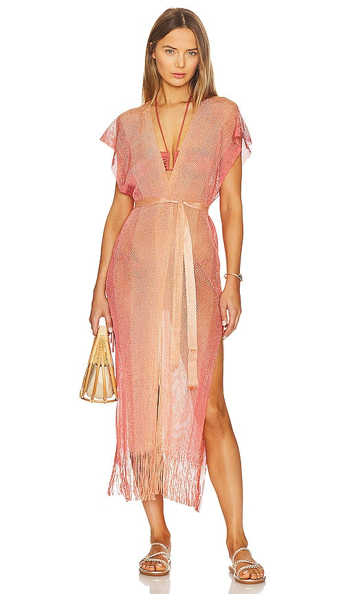 Luli Fama Coral Queen Long Caftan in Coral