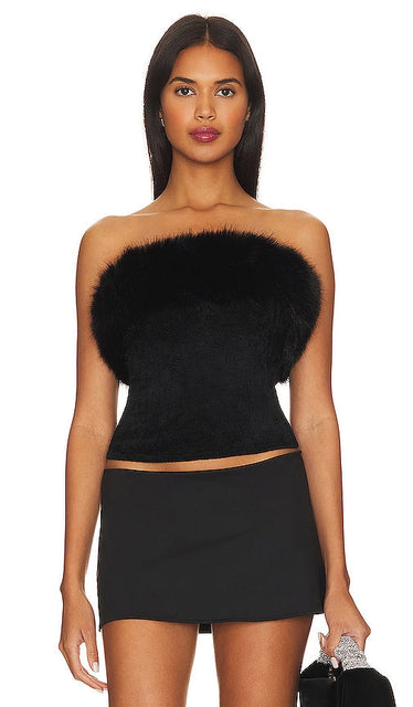 MAJORELLE Idina Faux Fur Tube Top in Black - MAJORELLE Idina - Haut tube en fausse fourrure noir - MAJORELLE Idina 黑色人造毛皮抹胸上衣 - MAJORELLE Idina Kunstpelz-Röhrenoberteil in Schwarz - MAJORELLE Idina 인조 퍼 튜브 탑 - Top tubolare MAJORELLE Idina in pelliccia sintetica in nero