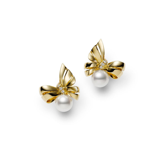 MIKIMOTO 7mm Akoya Cultured Pearl Diamond Accent Yellow Gold Ribbon Earrings