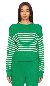 MONROW Boucle Knit Stripe Sweater in Green - MONROW Pull rayé en tricot bouclé en vert - MONROW 绿色毛圈圈针织条纹毛衣 - MONROW Bouclé-Strickpullover mit Streifen in Grün - MONROW 부클 니트 스트라이프 스웨터그린 색상 - MONROW Maglione a righe in maglia bouclé in verde