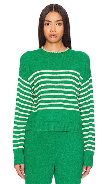 MONROW Boucle Knit Stripe Sweater in Green - MONROW Pull rayé en tricot bouclé en vert - MONROW 绿色毛圈圈针织条纹毛衣 - MONROW Bouclé-Strickpullover mit Streifen in Grün - MONROW 부클 니트 스트라이프 스웨터그린 색상 - MONROW Maglione a righe in maglia bouclé in verde