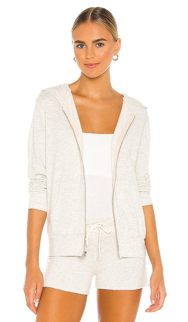MONROW Supersoft Zip Up Hoodie in Light Grey - MONROW Supersoft Sweat à capuche zippé en gris clair - MONROW 浅灰色超柔软拉链连帽衫 - MONROW Supersoft Zip Up Hoodie in Hellgrau - MONROW 슈퍼소프트 집업 후디 라이트 그레이 색상 - Felpa con cappuccio MONROW supersoft con cerniera in grigio chiaro