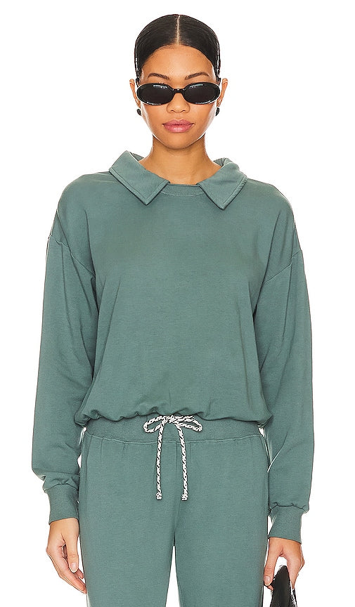 MONROW Supima Fleece Collared Sweatshirt in Green - MONROW Supima Sweat-shirt à col en polaire en vert - MONROW 绿色 Supima 抓绒领套头衫 - MONROW Sweatshirt aus Supima-Fleece mit Kragen in Grün - MONROW Supima 플리스 칼라 스웨트셔츠 색상 - Felpa con colletto in pile MONROW Supima in verde