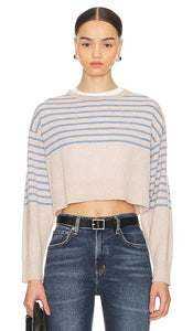 MONROW Wool Cashmere Stripe Crew Neck Sweater in Beige - MONROW Pull à col rond en laine et cachemire à rayures en beige - MONROW 米色羊毛羊绒条纹圆领毛衣 - MONROW Woll-Kaschmir-Streifen-Rundhalspullover in Beige - MONROW 울 캐시미어 스트라이프 크루넥 스웨터베이지 색상 - MONROW Maglione girocollo a righe in lana e cashmere in beige