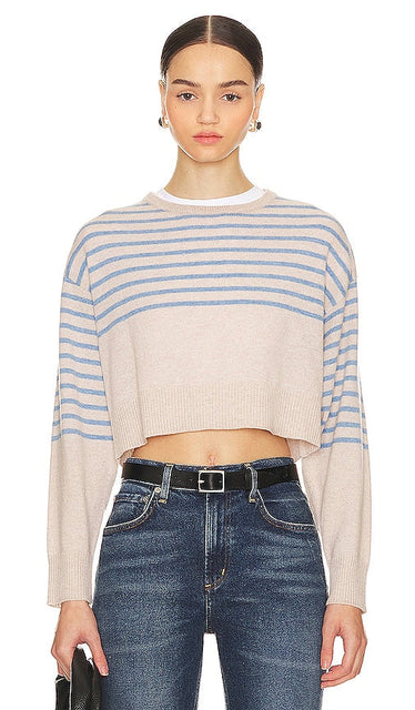 MONROW Wool Cashmere Stripe Crew Neck Sweater in Beige - MONROW Pull à col rond en laine et cachemire à rayures en beige - MONROW 米色羊毛羊绒条纹圆领毛衣 - MONROW Woll-Kaschmir-Streifen-Rundhalspullover in Beige - MONROW 울 캐시미어 스트라이프 크루넥 스웨터베이지 색상 - MONROW Maglione girocollo a righe in lana e cashmere in beige