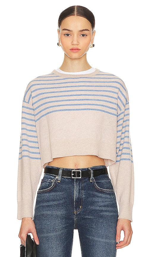 MONROW Wool Cashmere Stripe Crew Neck Sweater in Beige - MONROW Pull à col rond en laine et cachemire à rayures en beige - MONROW 米色羊毛羊绒条纹圆领毛衣 - MONROW Woll-Kaschmir-Streifen-Rundhalspullover in Beige - MONROW 울 캐시미어 스트라이프 크루넥 스웨터베이지 색상 - MONROW Maglione girocollo a righe in lana e cashmere in beige