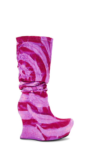 Masha Popova Sculpted Wedge Denim Boots in Pink | Crimson Lilac Heeled Boots for Women