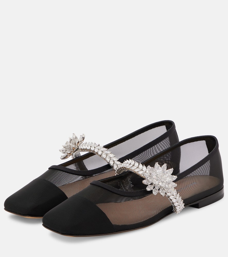 Mach & Mach Crystal Flower embellished mesh ballet flats