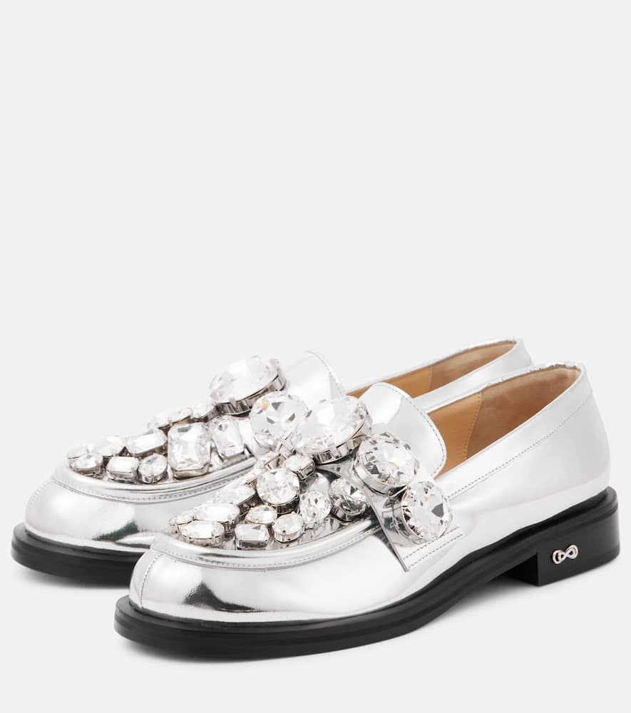 Mach & Mach Crystal-embellished metallic leather loafers