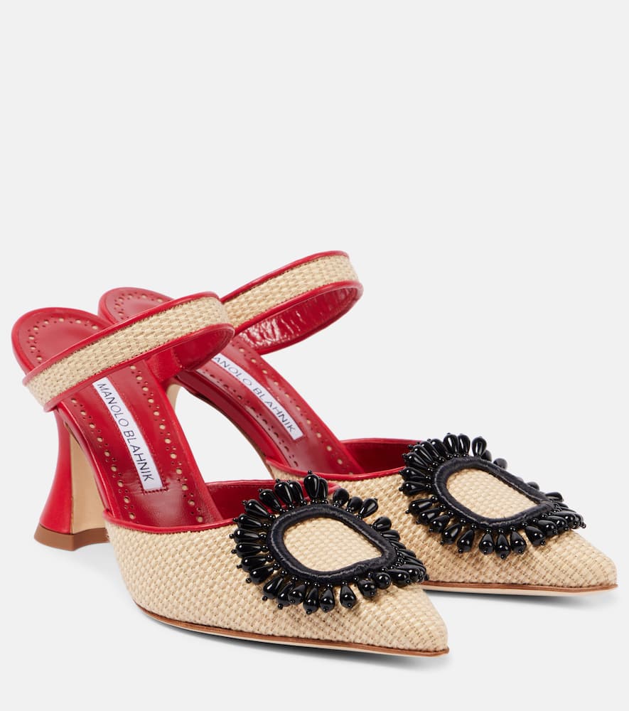Manolo Blahnik Atika 90 embellished raffia mules