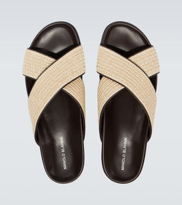 Manolo Blahnik Chiltern leather-trimmed raffia slides