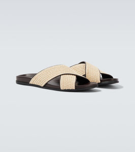 Manolo Blahnik Chiltern leather-trimmed raffia slides