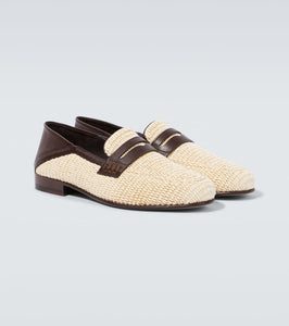 Manolo Blahnik Padstow leather-trimmed raffia penny loafers