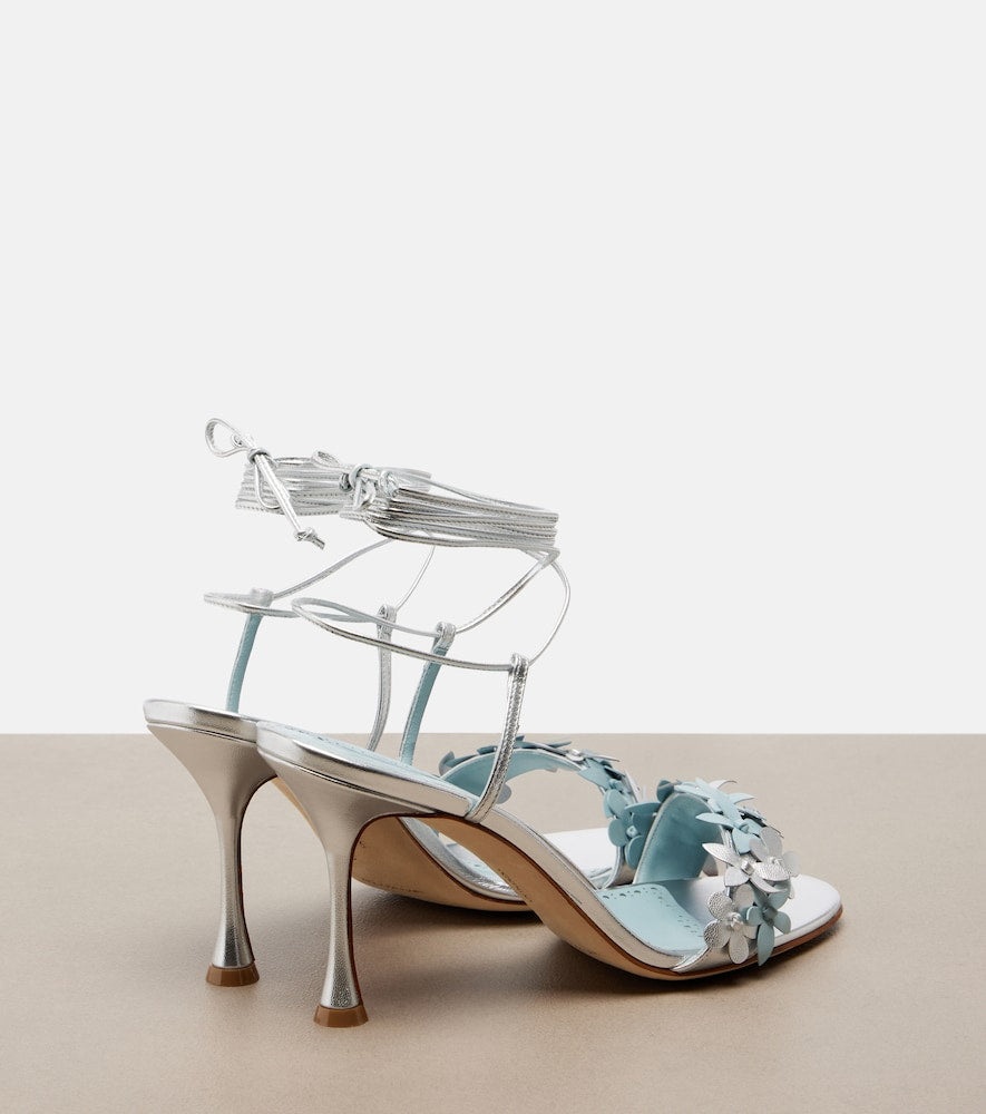 Manolo Blahnik Anista floral-applique leather sandals (Silver) - High-Heel Sandals