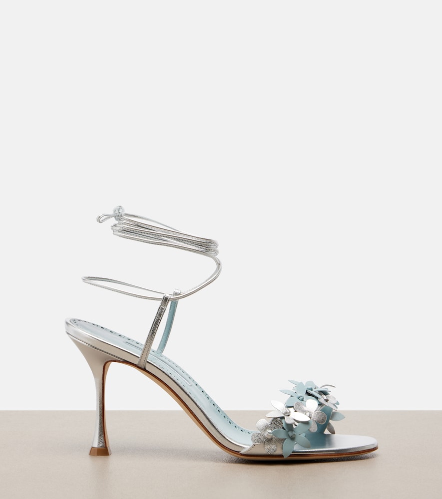 Manolo Blahnik Anista floral-applique leather sandals (Silver) - High-Heel Sandals