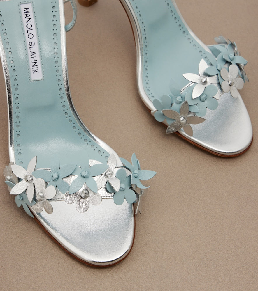 Manolo Blahnik Anista floral-applique leather sandals (Silver) - High-Heel Sandals