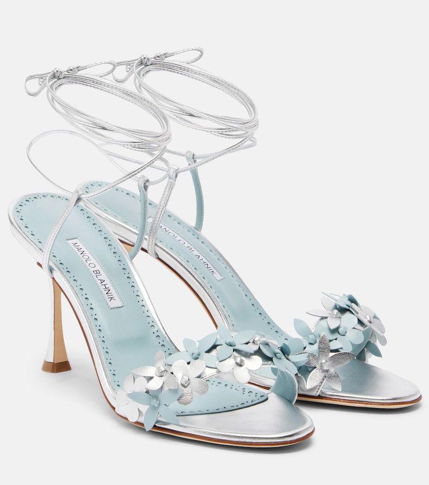 Manolo Blahnik Anista floral-applique leather sandals (Silver) - High-Heel Sandals