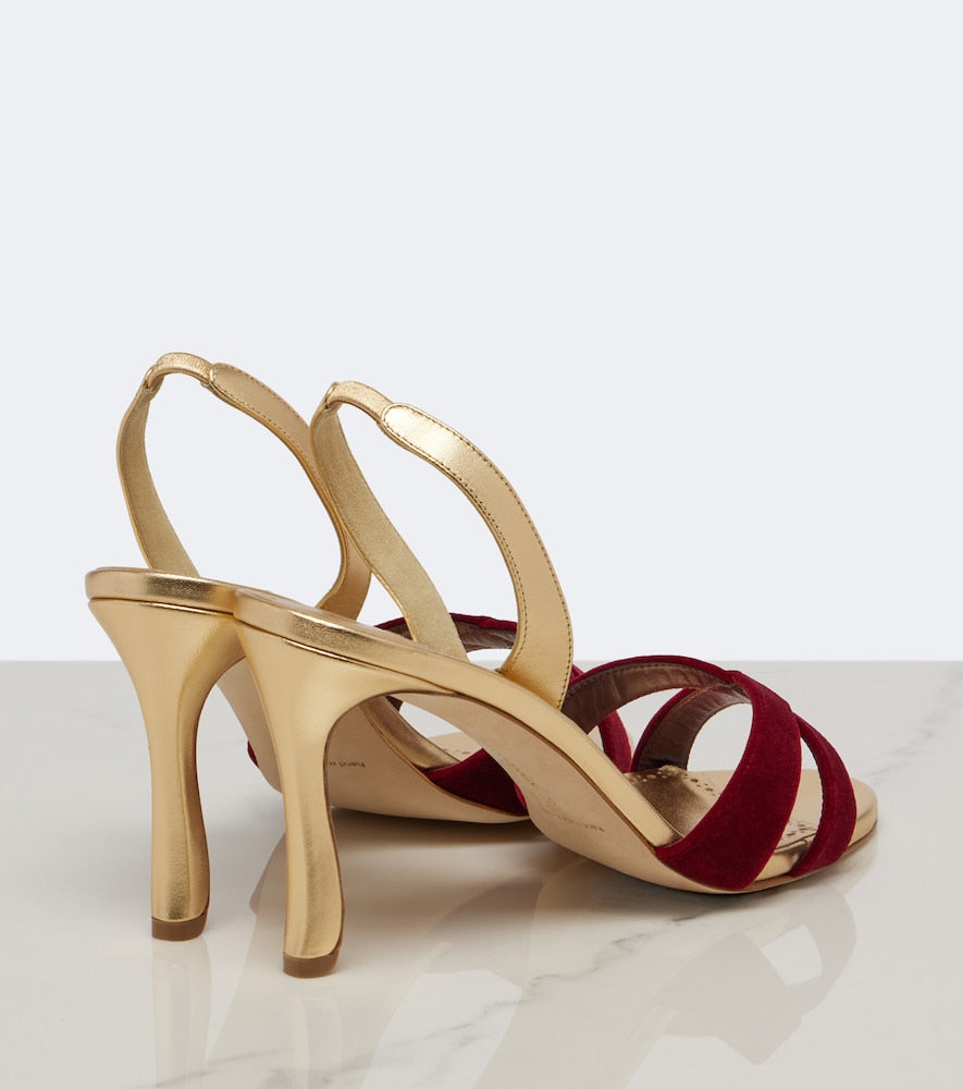 Manolo Blahnik Callydra velvet-trimmed leather sandals - Gold High-Heel Sandals