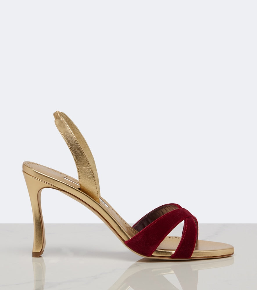 Manolo Blahnik Callydra velvet-trimmed leather sandals - Gold High-Heel Sandals