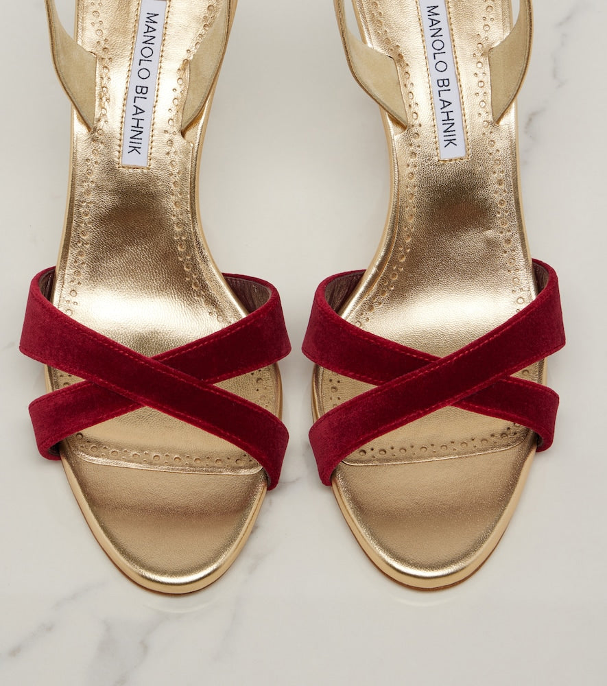 Manolo Blahnik Callydra velvet-trimmed leather sandals - Gold High-Heel Sandals