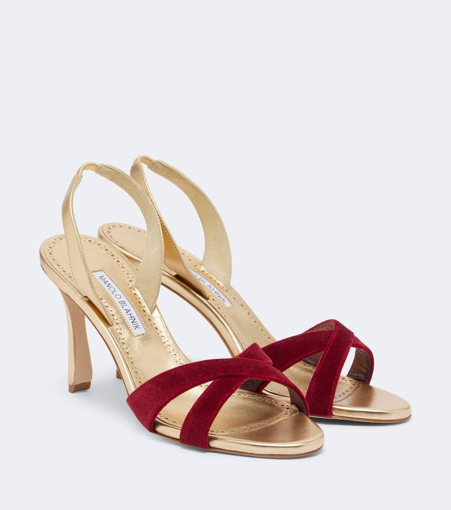 Manolo Blahnik Callydra velvet-trimmed leather sandals - Gold High-Heel Sandals