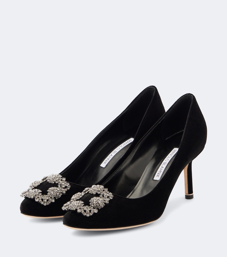 Manolo Blahnik Hangisi 70 embellished velvet pumps - Black Mid Heel Pumps